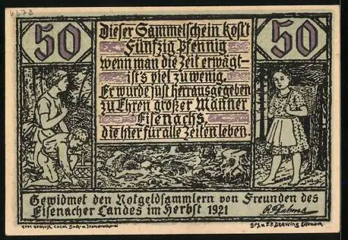 Notgeld Eisenach 1921, 50 Pfennig, Bildnis Martin Luther, Lutherhaus und -stube