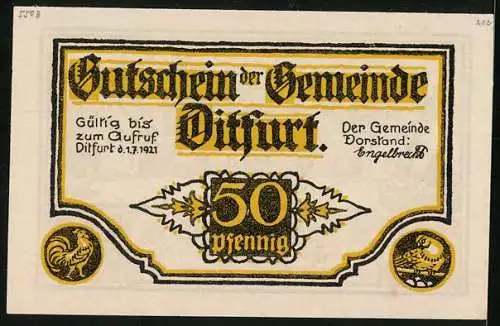 Notgeld Ditfurt 1921, 50 Pfennig, Bauern bringen Eier am Steuertag