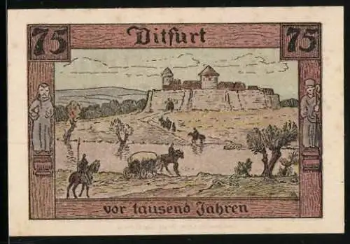 Notgeld Ditfurt 1921, 75 Pfennig, Ortsansicht vor tausend Jahren