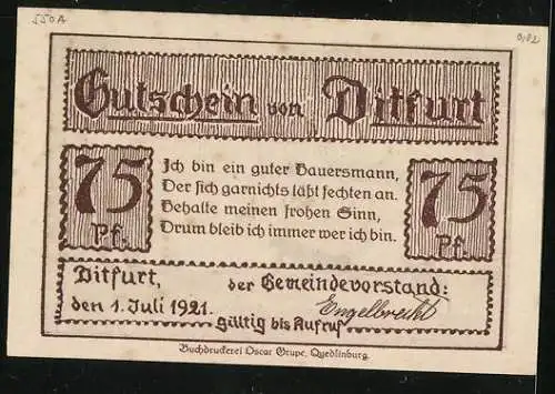 Notgeld Ditfurt 1921, 75 Pfennig, Ortsansicht vor tausend Jahren