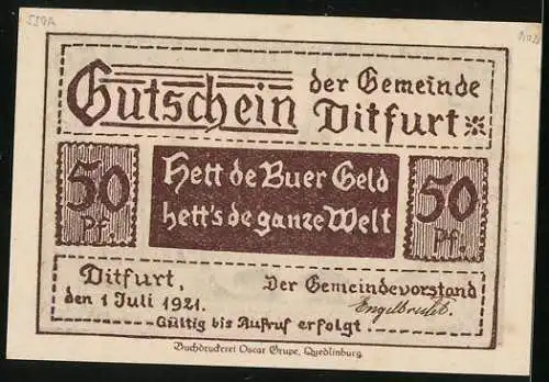 Notgeld Ditfurt 1921, 50 Pfennig, Blick zur Kirche