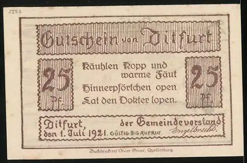 Notgeld Ditfurt 1921, 25 Pfennig, An der Bode