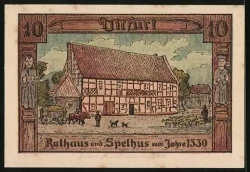 Notgeld Ditfurt 1921, 10 Pfennig, Rathaus und Spelhus vom Jahre 1330