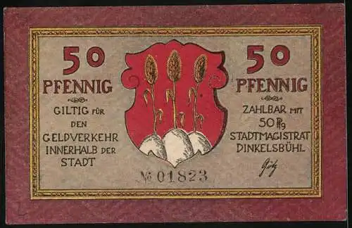 Notgeld Dinkelsbühl, 50 Pfennig, Panorama und Wappen