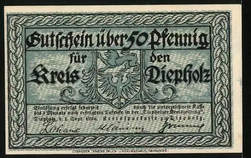 Notgeld Diepholz 1920, 50 Pfennig, Schloss zu Diepholz, Wappen, Gutschein