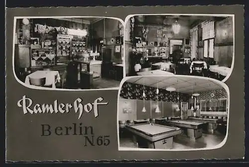 AK Berlin-Wedding, Ramlerstrasse 6, Gasthaus Ramlerhof von Bernhard Felkel, Billardzimmer und Gastraum