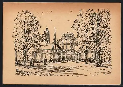 Künstler-AK München, Deutsche Presse-Ausstellung 1948, Ausstellungspark Theresienhöhe