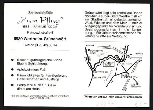 AK Grünenwört am Main, Die Speisegaststätte Zum Pflug, mit Innenansicht, Rainbachstrasse 8, Inh. Fam. Koch