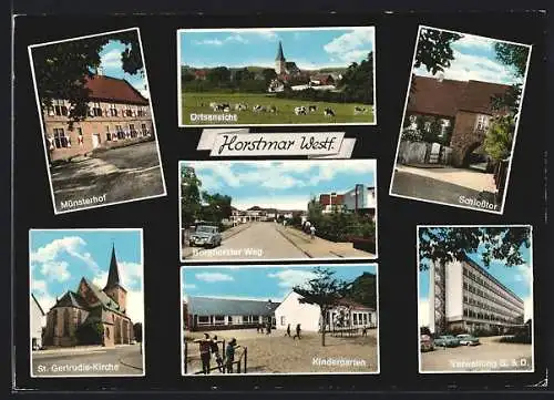 AK Horstmar / W., Gasthaus Münsterhof, Borghorster Weg, Schlosstor, St. Gertrudis-Kirche, Kindergarten