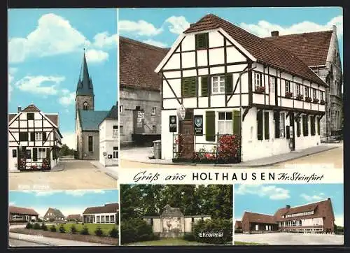 AK Holthausen / Steinfurt, Die Gaststätte Zur Post, Inh. Heribert Dassmann, Kath. Kirche, Ehrenmal, Volksschule