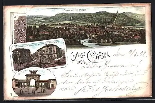 Lithographie Kassel, Der Friedrich Wilhelmsplatz mit dem Löwenbrunnen, Au-Tor, Panorama