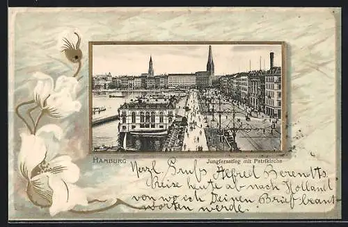 Präge-AK Hamburg, Jungfernstieg mit Petrikirche, Weisse Blumen, Passepartout