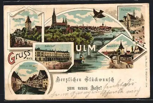 Lithographie Ulm / Donau, Rathaus, Zundeltor, Bahnhof