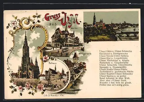 Lithographie Ulm / Donau, Dom mit Rathaus