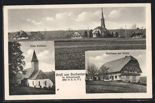 AK Buchenberg / Königsfeld, Gasthaus zur Krone, Atles Kirchlein, Ortspartie mit Kirche