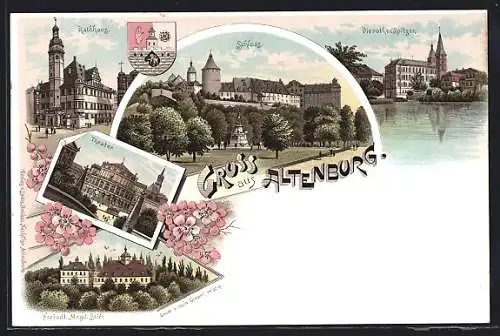 Lithographie Altenburg / Thüringen, Rathaus, Schloss, Theater