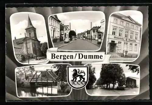 AK Bergen /Dumme, Rathaus und Gemeinde-Sparkasse, Kirche, Strassenpartie