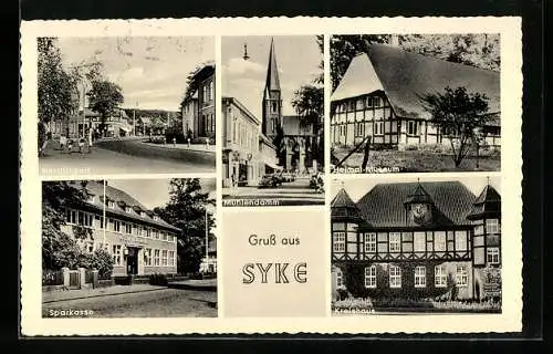 AK Syke, Mühlendamm, Herrlichkeit, Heimat-Museum, Kreishaus, Sparkasse