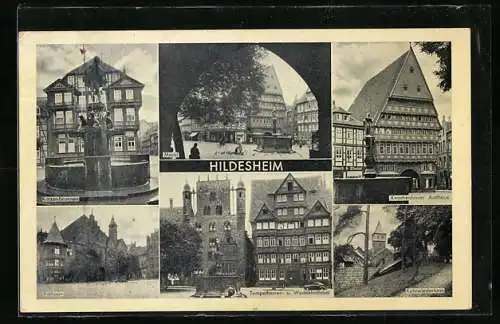 AK Hildesheim, Katzenbrunnen, Knochenhauer Amthaus, Kehrwiederturm, Rathaus, Tempelherren- u. Wedekindhaus