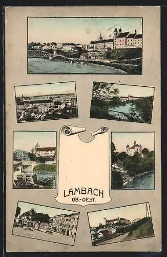 AK Lambach /O.-Oe., Ortsansicht, Brücke, Uferpartie, Strassenpartie