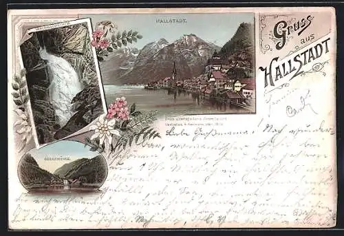 Lithographie Hallstatt, Gosaumühle, Waldbachstrub, Panorama mit Kirchturm