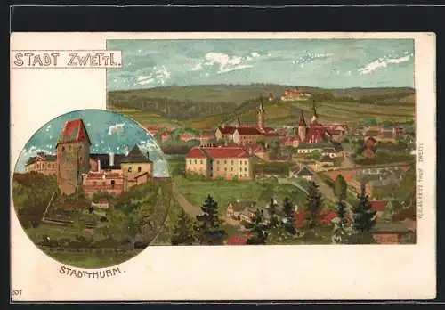 Lithographie Zwettl /N.-Oe., Stadtturm, Gesamtansicht von oben