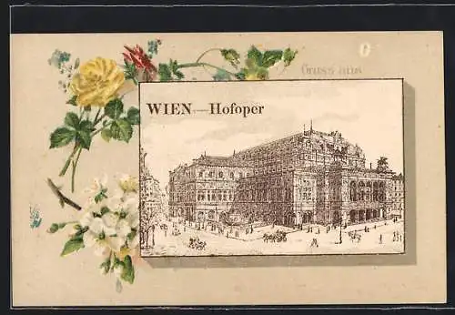 Lithographie Wien, Hofoper, Blumen, Passepartout