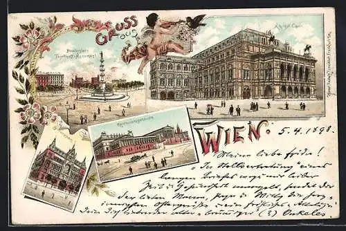 Lithographie Wien, K. k. Hof-Oper, Reichsratsgebäude, Stiftungshaus