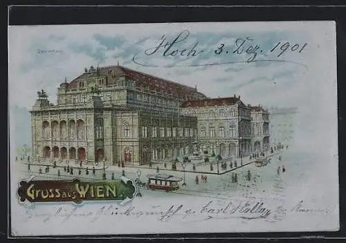 Lithographie Wien, Oper, Gesamtansicht mit Strasse aus der Vogelschau