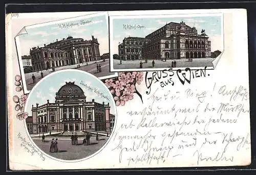 Lithographie Wien, K. K. Hofburg-Theater, K. K. Hof-Oper, Deutsches Volkstheater