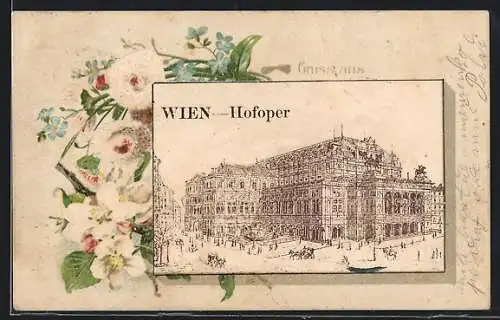 Lithographie Wien, Hofoper, Blumen, Passepartout