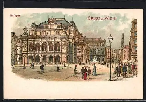 Lithographie Wien, Partie an der Hofoper mit Passanten