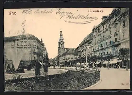 AK Graz, Bismarckplatz mit Friseurgeschäft, Kirche und Brunnen