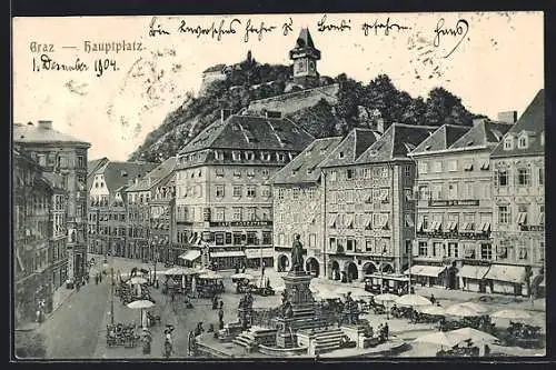 AK Graz, Hauptplatz mit Cafe Nordstern und Denkmal