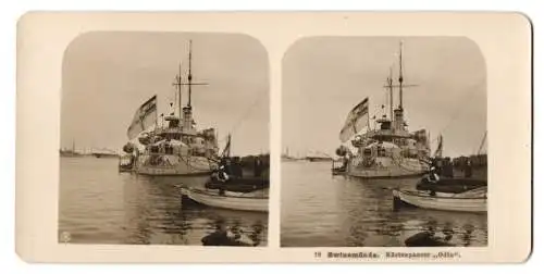 Stereo-Fotografie NPG, Berlin, Ansicht Swinemünde, Küstenpanzer Kriegsschiff Odin liegt im Hafen, Beiboot Seeadler