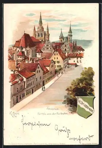 Lithographie Ansbach, Partie aus der Reitbahn, Wappen