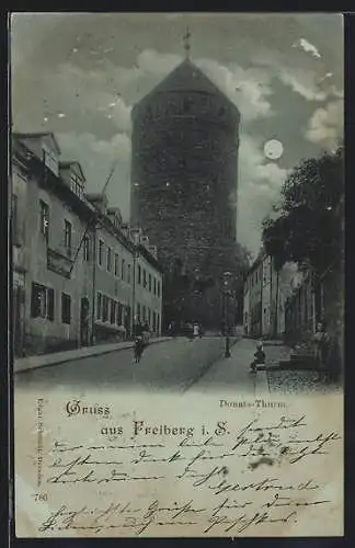 Mondschein-AK Freiberg i. S., Donats-Thurm, Strassenpartie