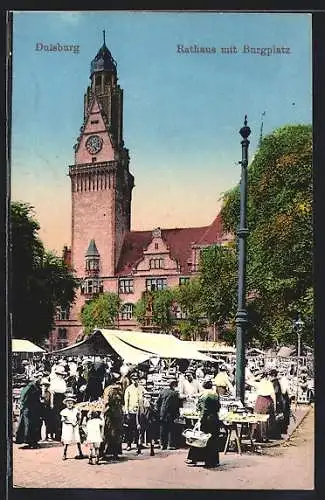 AK Duisburg, Rathaus mit Burgplatz, Markttreiben