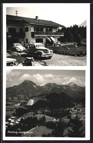 AK Fischbachau, Haus mit Garten, VW Käfer, Ortsansicht aus der Vogelschau