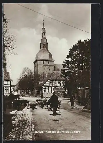 AK Rüthen, Hochstrasse mit Nikolaikirche und Schafherde