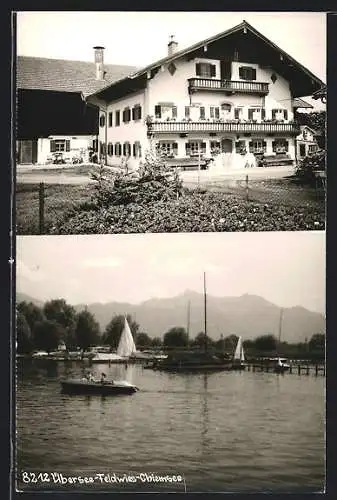 AK Übersee-Feldwies /Chiemsee, Haus mit Garten, Hafen mit Booten