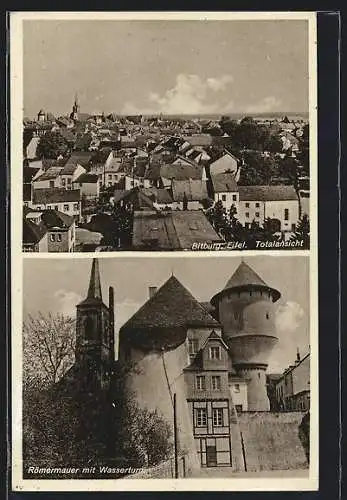 AK Bitburg /Eifel, Römermauer mit Wasserturm, Totalansicht
