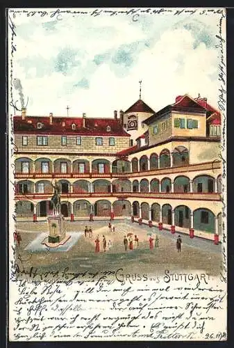 Lithographie Stuttgart, Alter Schlosshof mit Reiterdenkmal