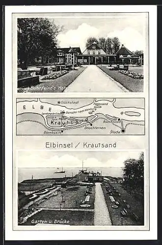 AK Krautsand, Burfeind`s Hotel, Garten & Brücke
