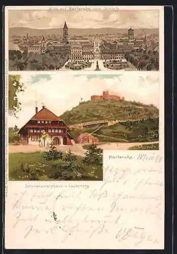 Künstler-AK Carl Münch: Karlsruhe, Blick vom Schloss auf die Stadt, Schwarzwaldhaus und Lauterberg