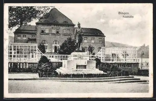 AK Bingen / Rhein, Festhalle mit Denkmal Ludwig IV.