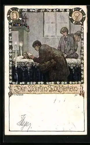 Künstler-AK Ernst Kutzer: Der Wirtin Töchterlein liegt auf dem Totenbett, Rosen, Bierkrug, Weinkelch