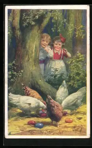 Künstler-AK Karl Feiertag: Kinder entdecken Hühner und Ostereier im Wald, Herzliche Ostergrüsse