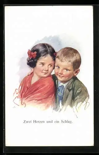 Künstler-AK Karl Feiertag: Kinder als junges Liebespaar