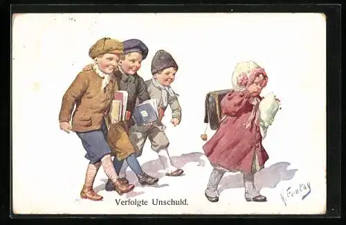 Künstler-AK Karl Feiertag: Verfolgte Unschuld, Jungen folgen einem Mädchen auf dem Schulweg